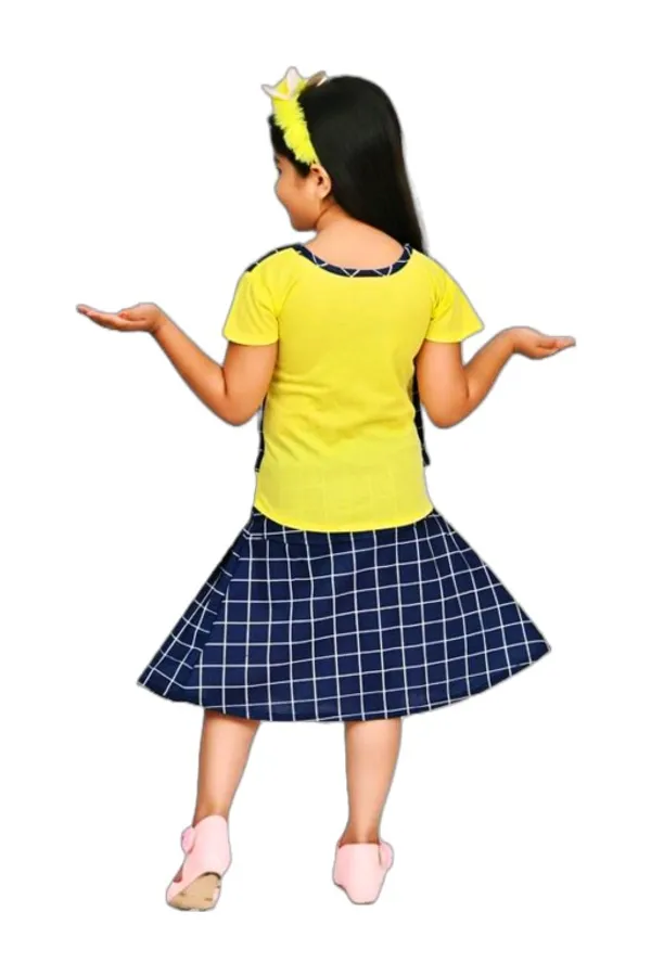 Yellow_Cotton_Polyster_Short_Sleeves_Top_Skirt_Set_For_Girls