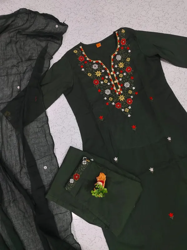Bottle_Green_Emboridery_Kurta,_Pant_&_Dupatta_For_Women_&_Girls