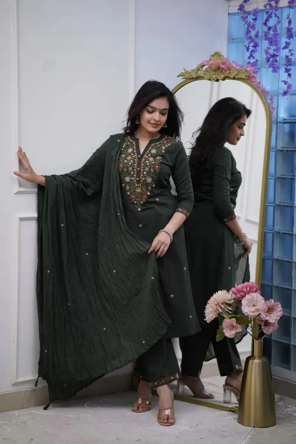 Bottle_Green_Emboridery_Kurta,_Pant_&_Dupatta_For_Women_&_Girls