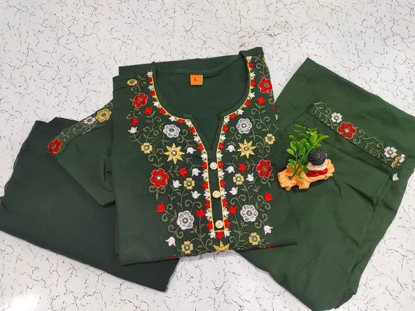Bottle_Green_Emboridery_Kurta,_Pant_&_Dupatta_For_Women_&_Girls
