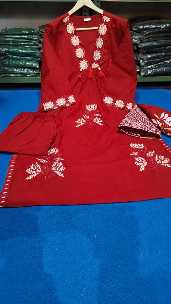 MARON_NEW__EMBORIDERY_KURTI_WITH_PANT_AND_PRINTED_DUPPTA_SAT_
