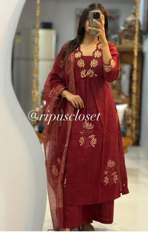 MARON_NEW__EMBORIDERY_KURTI_WITH_PANT_AND_PRINTED_DUPPTA_SAT_