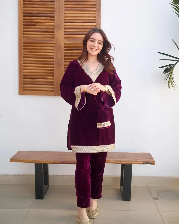 Wine_Velvet_Kurta_&_Pant_For_Women_&_Girls