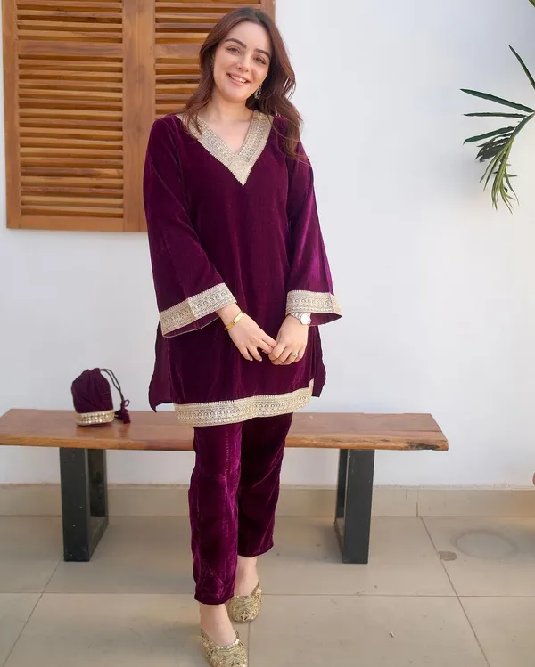 Wine_Velvet_Kurta_&_Pant_For_Women_&_Girls