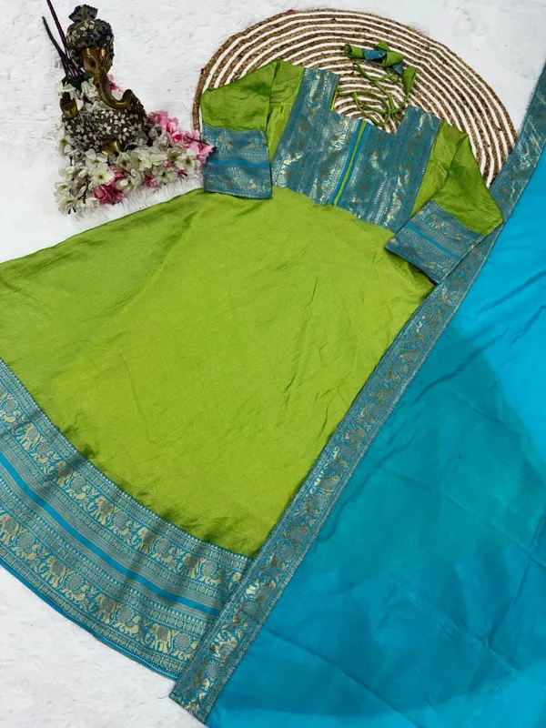 Green_Jacquard_Zari_Vichitra_Silk_Kurti_with_Chanderi_Dupatta_Set_|_For_Women