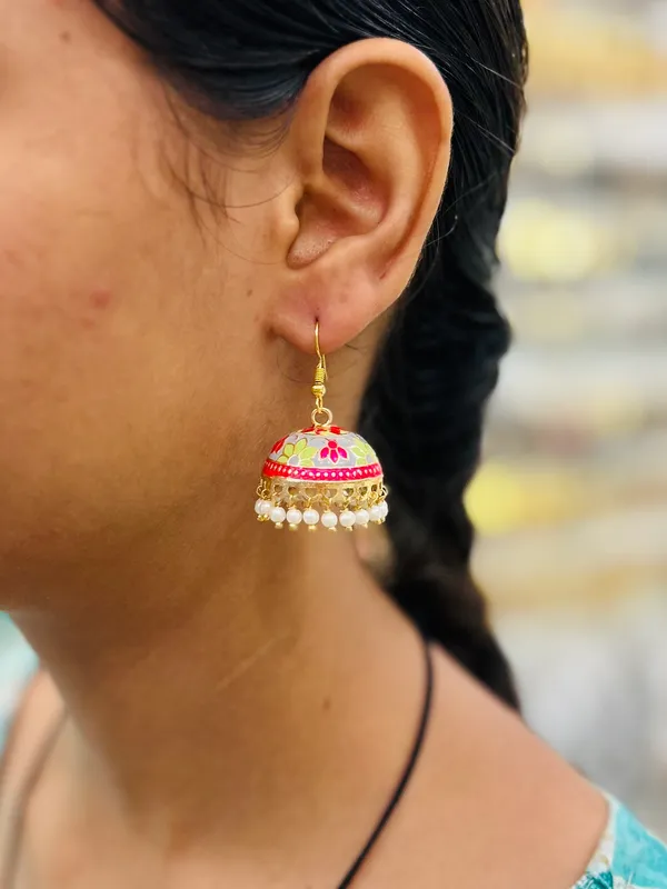 Grey_Pink_Mix_Copper_&_Brass_Premium_&_Elegant_Meenakari_Dome_Jhumka_For_Women