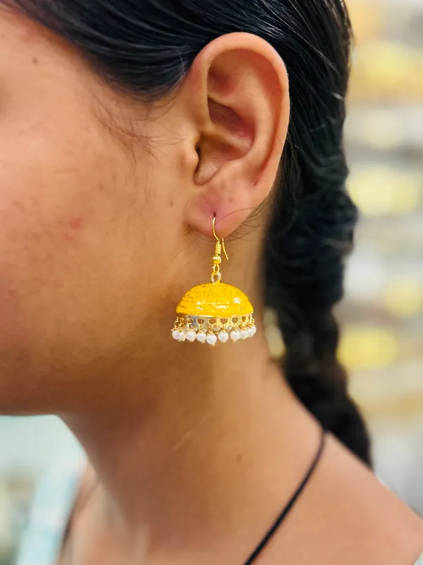 Yellow_Copper_&_Brass_Premium_&_Elegant_Meenakari_Dome_Jhumka_For_Women