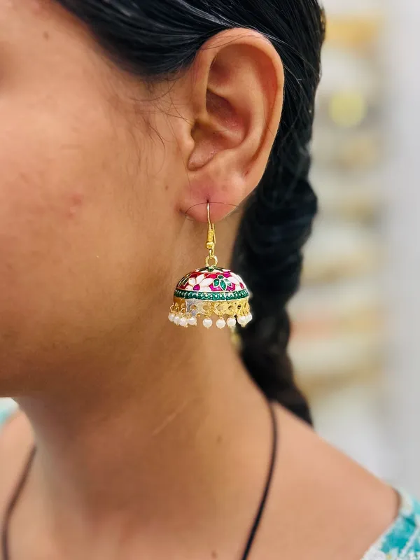 Magenta_Mix_Copper_&_Brass_Premium_&_Elegant_Meenakari_Dome_Jhumka_For_Women