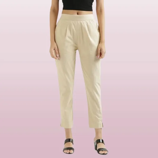 Cream_Pure_Linen_Solid_Casual_Trousers_For_Women