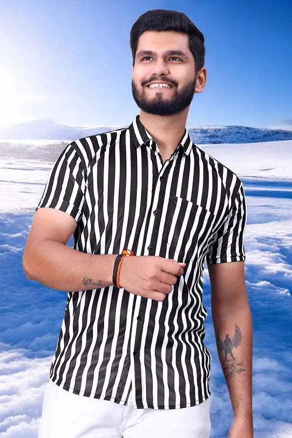 White_&_Black_Lycra_Blend_Short_Sleeve_Printed_Shirt_For_Men
