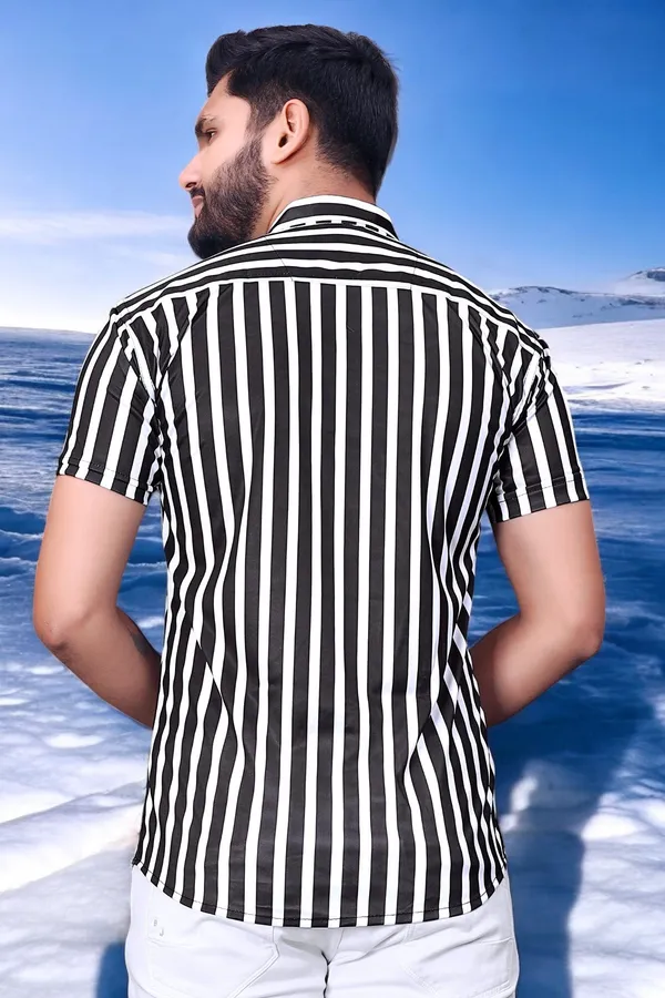 White_&_Black_Lycra_Blend_Short_Sleeve_Printed_Shirt_For_Men