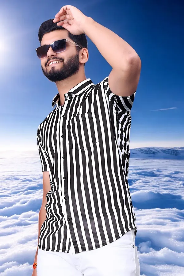 White_&_Black_Lycra_Blend_Short_Sleeve_Printed_Shirt_For_Men