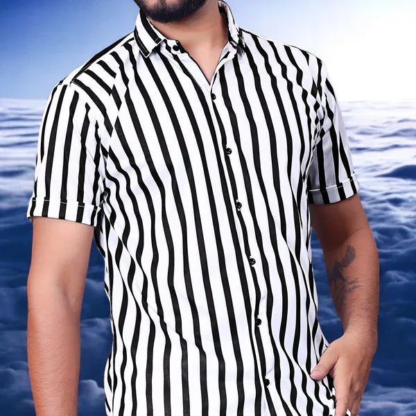 Black_&_White_Lycra_Blend_Short_Sleeve_Printed_Shirt_For_Men