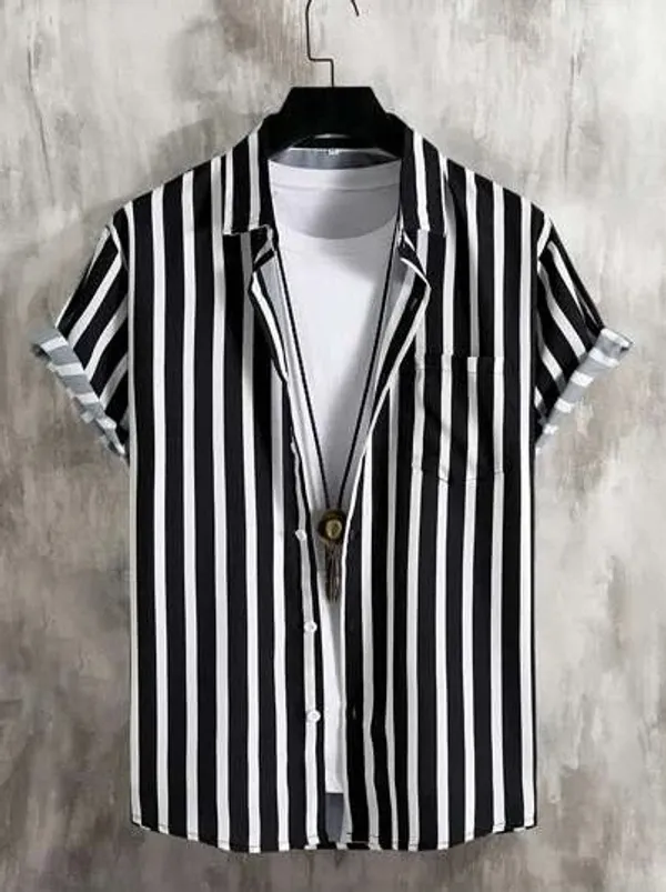 Black_Lycra_Blend_Half_Sleeve_Striped_Shirt_For_Men