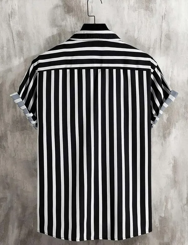 Black_Lycra_Blend_Half_Sleeve_Striped_Shirt_For_Men