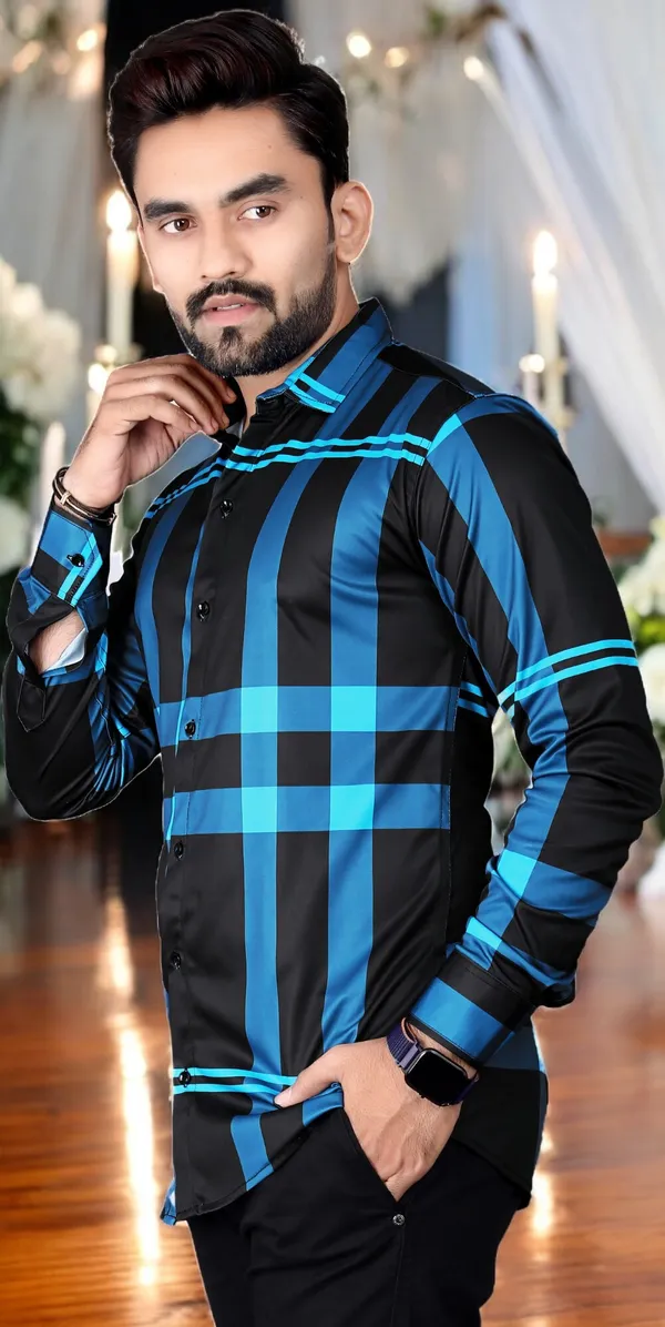 Blue_Lycra_Blend_Full_Sleeve_Checkered_Shirt_For_Men