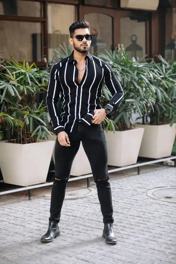 White_&_Black_Cotton_Lycra_Full_Sleeve_Printed_Shirt_For_Men