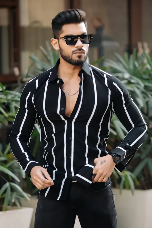 White_&_Black_Cotton_Lycra_Full_Sleeve_Printed_Shirt_For_Men