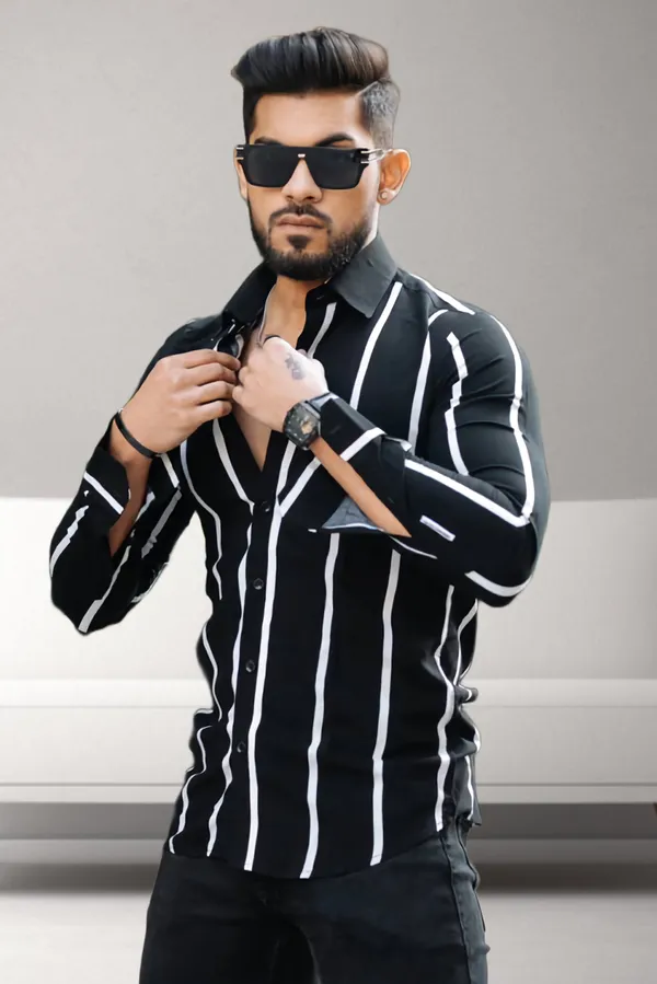 Black_&_White_Lycra_Blend_Full_Sleeve_Striped_Shirt_For_Men