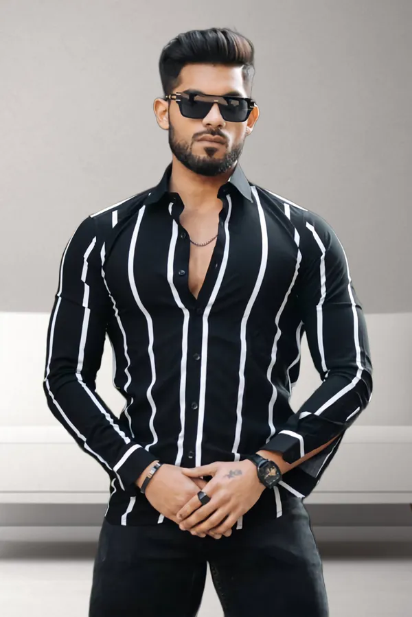 Black_&_White_Lycra_Blend_Full_Sleeve_Striped_Shirt_For_Men