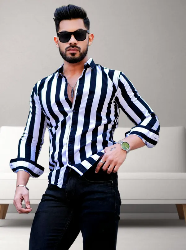 Black_&_White_Lycra_Blend_Full_Sleeve_Striped_Shirt_For_Men