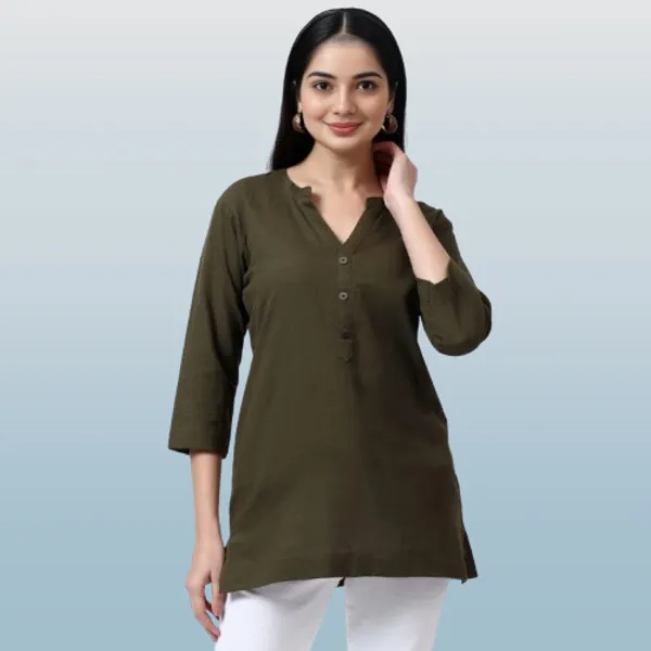 Dark_Green_Linen_Solid_Mandarin_Collar_Regular_Top_For_Women