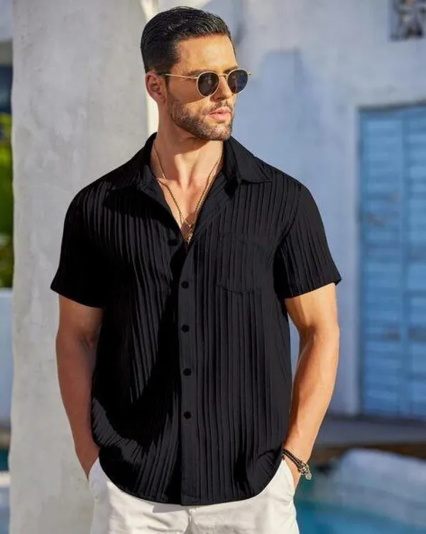 Black_Polycotton_Half_Sleeve_Self_Design_Shirt_For_Men