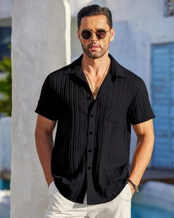 Black_Polycotton_Half_Sleeve_Self_Design_Shirt_For_Men