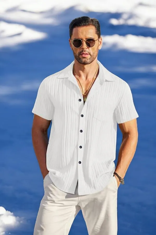 White_Polycotton_Half_Sleeve_Self_Design_Shirt_For_Men
