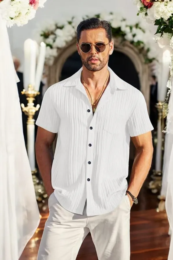 White_Cotton_Blend_Half_Sleeve_Self_Design_Shirt_For_Men