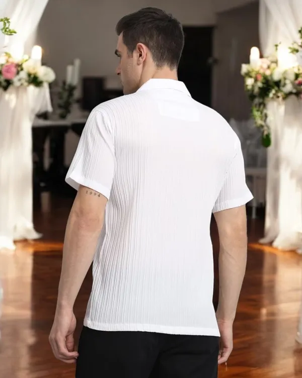 White_Cotton_Blend_Half_Sleeve_Self_Design_Shirt_For_Men