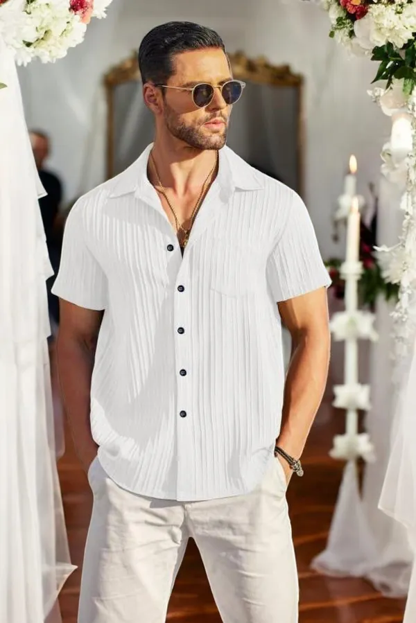 White_Cotton_Blend_Half_Sleeve_Self_Design_Shirt_For_Men