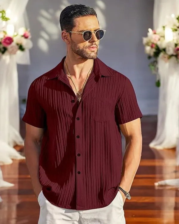 Purple_Cotton_Blend_Half_Sleeve_Self_Design_Shirt_For_Men