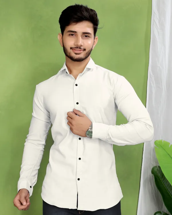 White_Cotton_Blend_Full_Sleeve_Solid_Shirt_For_Men