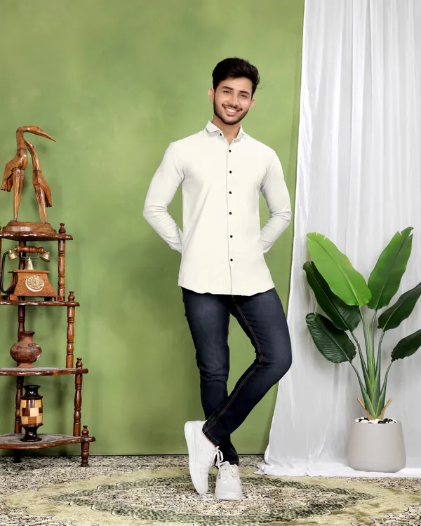 White_Cotton_Blend_Full_Sleeve_Solid_Shirt_For_Men
