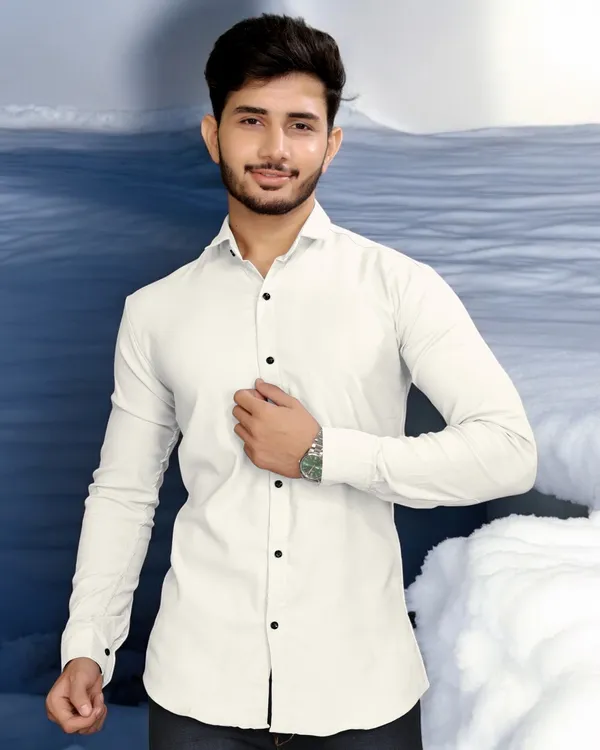 White_Cotton_Blend_Full_Sleeve_Solid_Shirt_For_Men