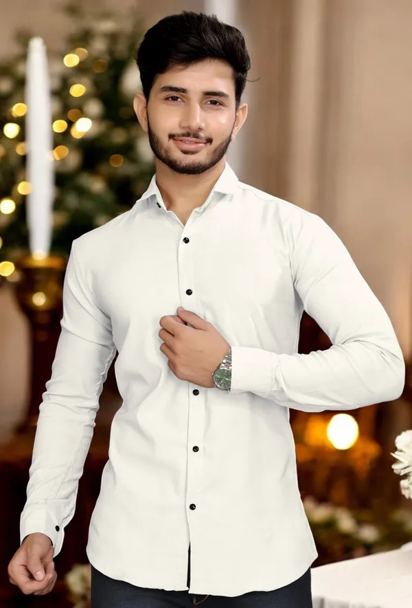 White_Cotton_Blend_Full_Sleeve_Solid_Shirt_For_Men