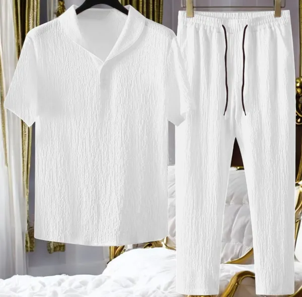 White_Cotton_Blend_Self_Design_Night_Suit_Set_For_Men