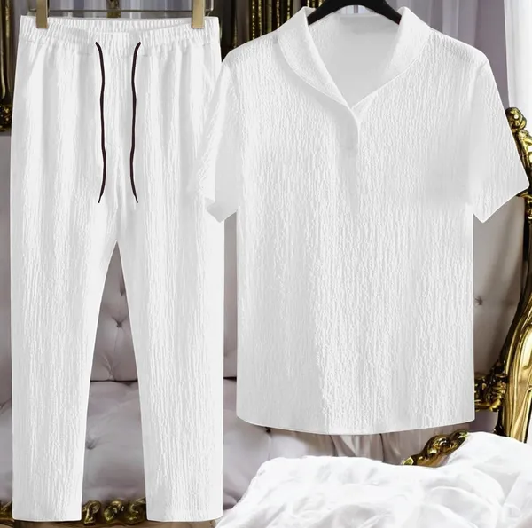 White_Cotton_Blend_Self_Design_Night_Suit_Set_For_Men