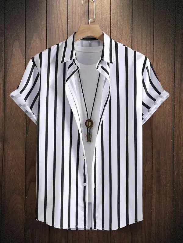 White_Lycra_Blend_Half_Sleeve_Striped_Shirt_For_Men