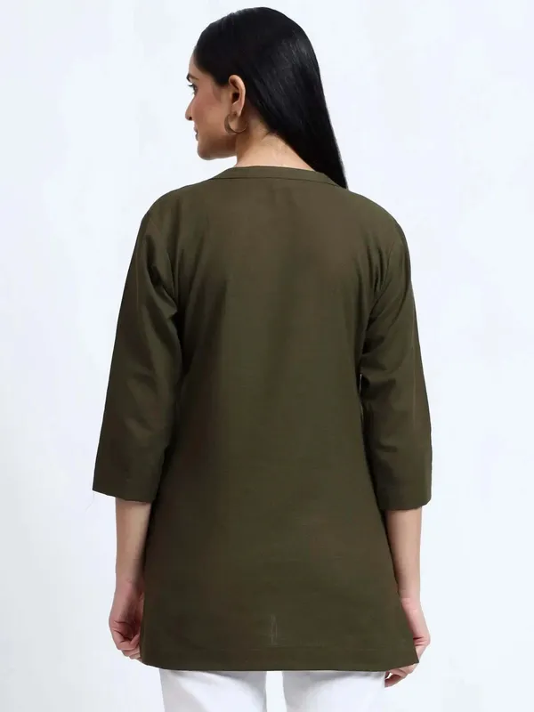 Dark_Green_Linen_Solid_Mandarin_Collar_Regular_Top_For_Women