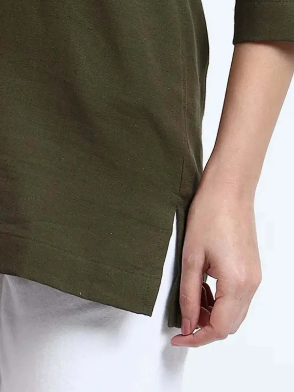 Dark_Green_Linen_Solid_Mandarin_Collar_Regular_Top_For_Women