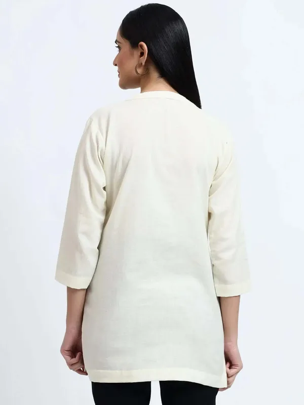 White_Linen_Solid_Mandarin_Collar_Regular_Top_For_Women