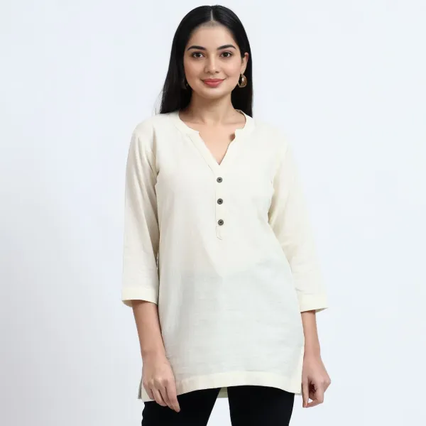 White_Linen_Solid_Mandarin_Collar_Regular_Top_For_Women