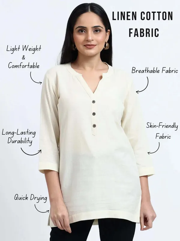 White_Linen_Solid_Mandarin_Collar_Regular_Top_For_Women