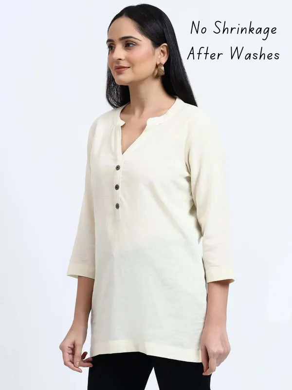 White_Linen_Solid_Mandarin_Collar_Regular_Top_For_Women