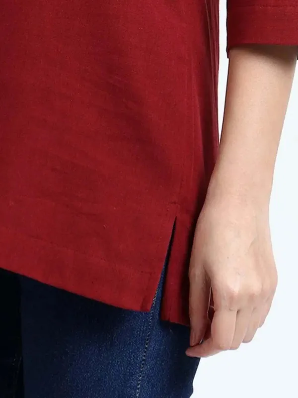 Red_Linen_Solid_Mandarin_Collar_Regular_Top_For_Women