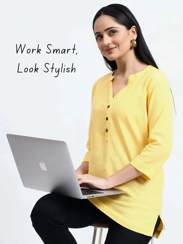 Yellow_Linen_Solid_Mandarin_Collar_Regular_Top_For_Women