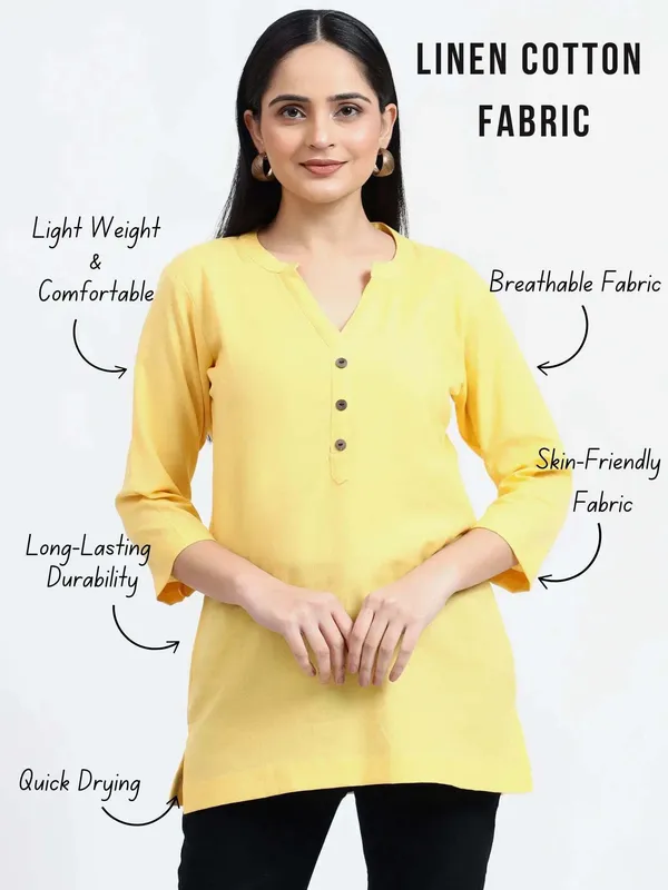 Yellow_Linen_Solid_Mandarin_Collar_Regular_Top_For_Women