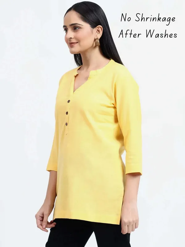 Yellow_Linen_Solid_Mandarin_Collar_Regular_Top_For_Women